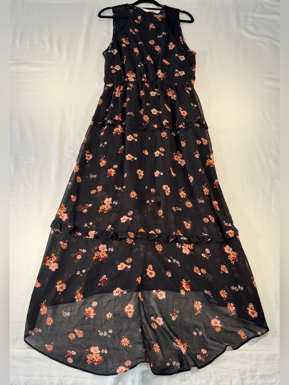 Xhilaration Size M Black Peach Floral Maxi Sleeveless Lined Dress High Low - Picture 9 of 14